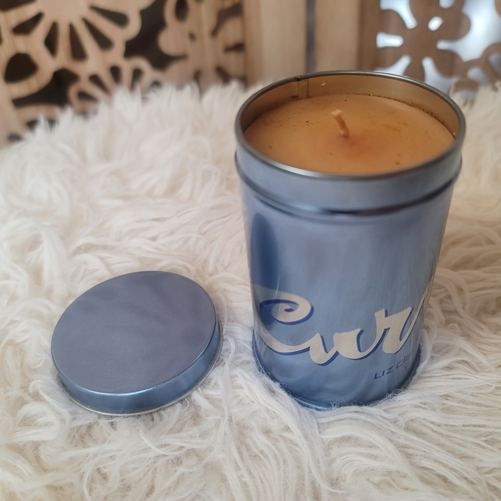 Vintage Liz Claiborne Curve Blue Round Metal Jar Candle 4"